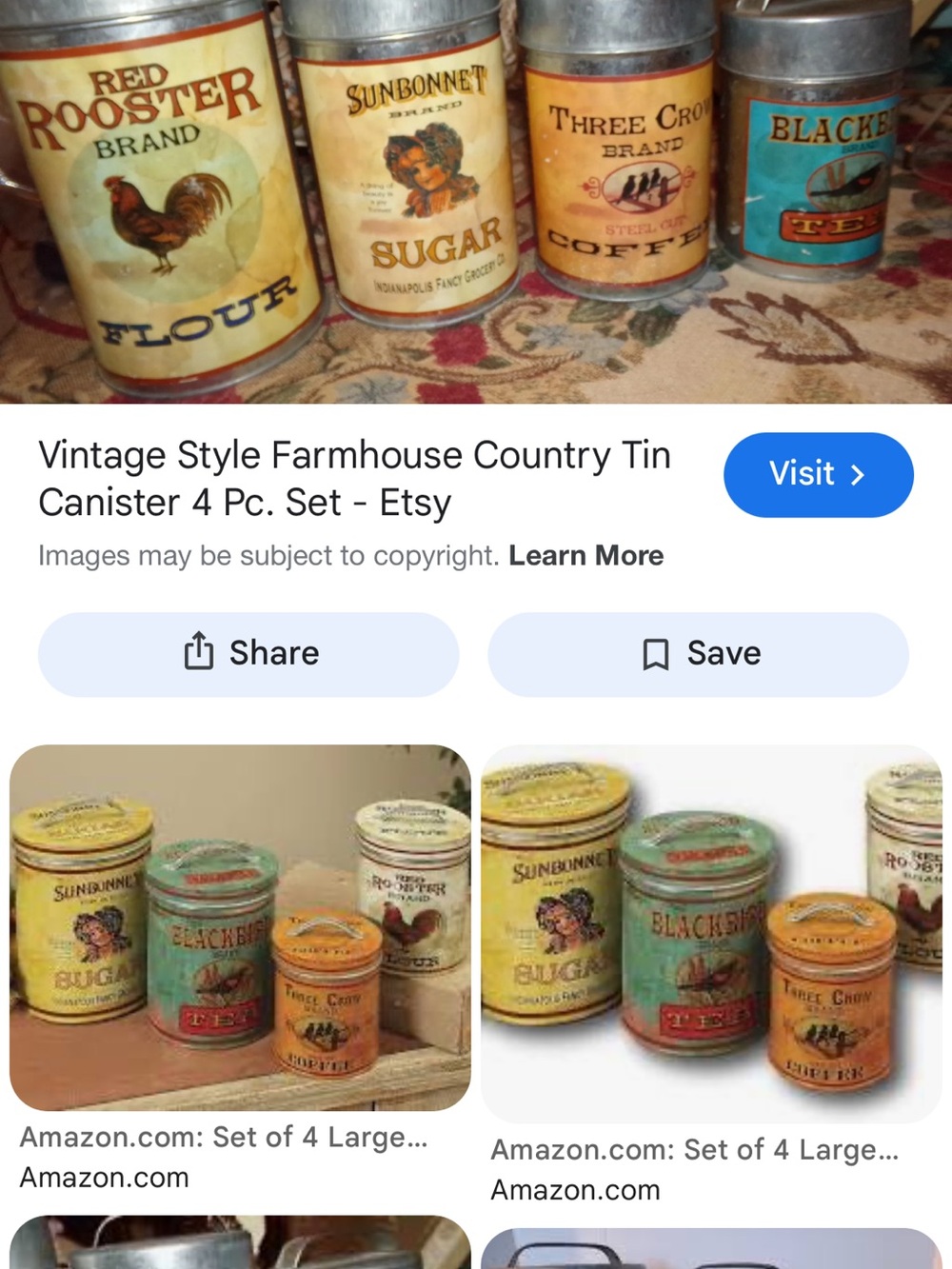 Vintage Farmhouse Tin Canister Set - Red Rooster & Sunbonnet Labels - Picture 1 of 5